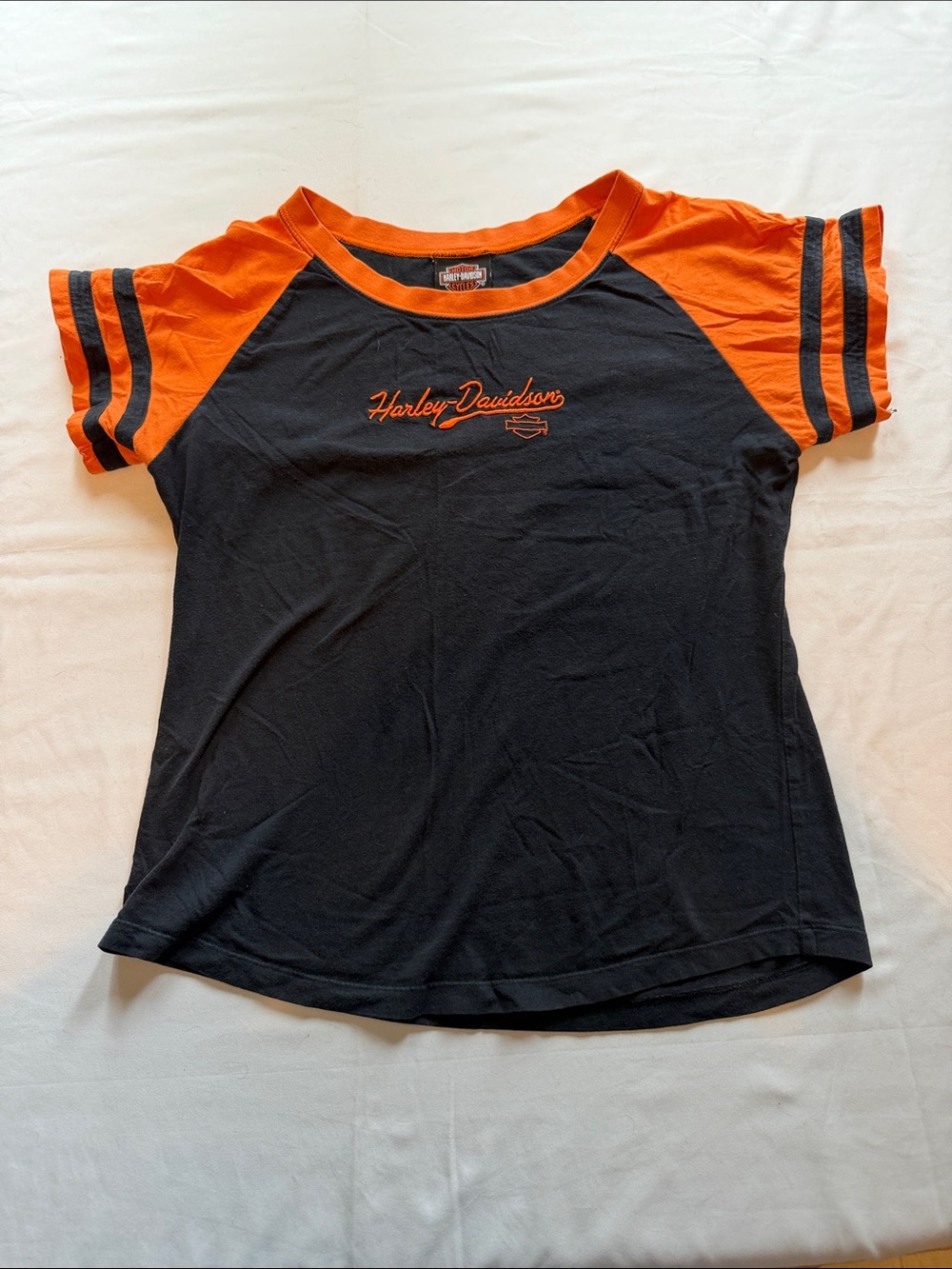 Harley-Davidson Black & Orange Womens Raglan Tee with Stripe Sleeves